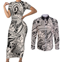 Polynesia Couples Matching Short Sleeve Bodycon Dress and Long Sleeve Button Shirt Tribal Polynesian Spirit With Beige Pacific Flowers LT9 - Wonder Print Shop