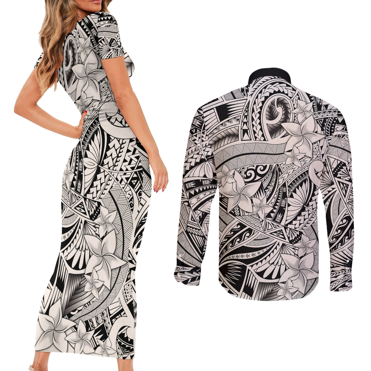 Polynesia Couples Matching Short Sleeve Bodycon Dress and Long Sleeve Button Shirt Tribal Polynesian Spirit With Beige Pacific Flowers LT9 - Wonder Print Shop