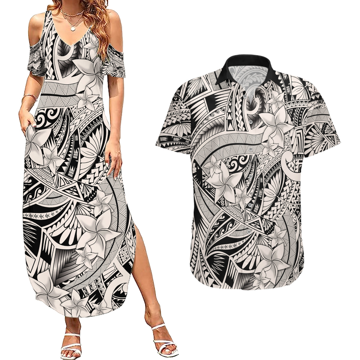 Polynesia Couples Matching Summer Maxi Dress and Hawaiian Shirt Tribal Polynesian Spirit With Beige Pacific Flowers LT9 - Wonder Print Shop