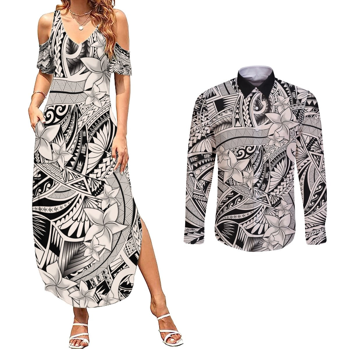 Polynesia Couples Matching Summer Maxi Dress and Long Sleeve Button Shirt Tribal Polynesian Spirit With Beige Pacific Flowers LT9 - Wonder Print Shop