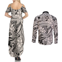 Polynesia Couples Matching Summer Maxi Dress and Long Sleeve Button Shirt Tribal Polynesian Spirit With Beige Pacific Flowers LT9 - Wonder Print Shop