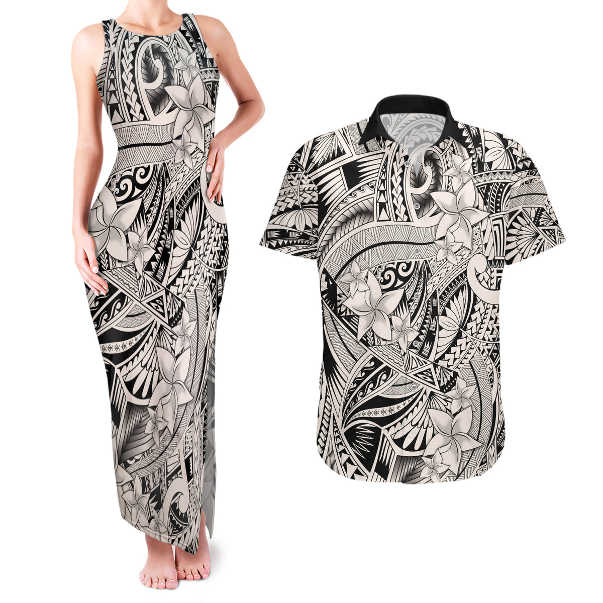 Polynesia Couples Matching Tank Maxi Dress and Hawaiian Shirt Tribal Polynesian Spirit With Beige Pacific Flowers LT9 - Wonder Print Shop