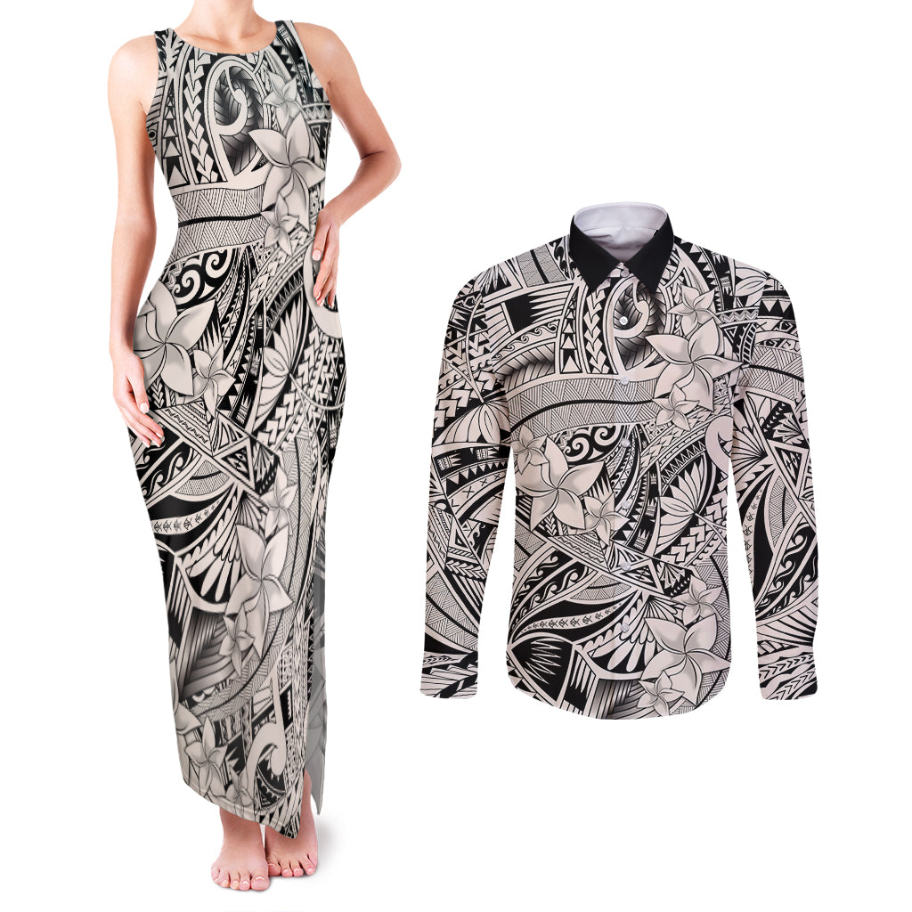Polynesia Couples Matching Tank Maxi Dress and Long Sleeve Button Shirt Tribal Polynesian Spirit With Beige Pacific Flowers LT9 - Wonder Print Shop