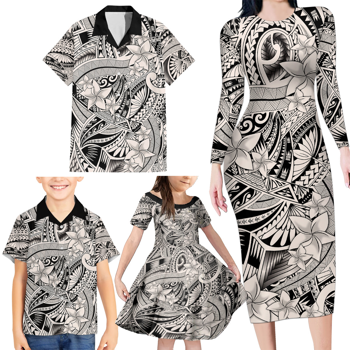 Polynesia Family Matching Long Sleeve Bodycon Dress and Hawaiian Shirt Tribal Polynesian Spirit With Beige Pacific Flowers LT9 - Wonder Print Shop