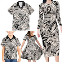 Polynesia Family Matching Long Sleeve Bodycon Dress and Hawaiian Shirt Tribal Polynesian Spirit With Beige Pacific Flowers LT9 - Wonder Print Shop