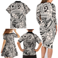 Polynesia Family Matching Long Sleeve Bodycon Dress and Hawaiian Shirt Tribal Polynesian Spirit With Beige Pacific Flowers LT9 - Wonder Print Shop