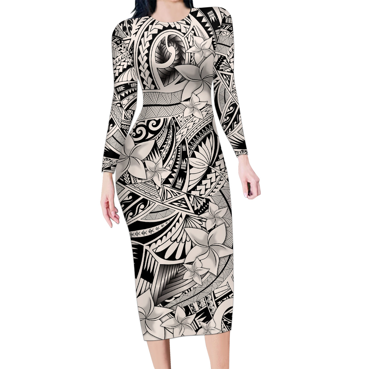 Polynesia Family Matching Long Sleeve Bodycon Dress and Hawaiian Shirt Tribal Polynesian Spirit With Beige Pacific Flowers LT9 - Wonder Print Shop