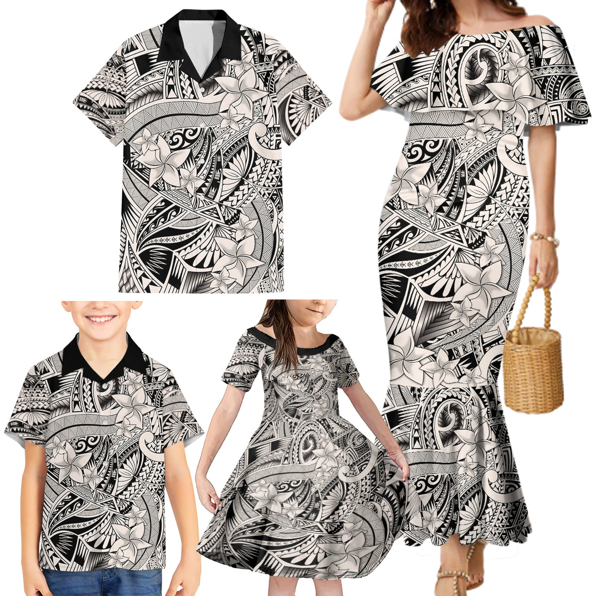 Polynesia Family Matching Mermaid Dress and Hawaiian Shirt Tribal Polynesian Spirit With Beige Pacific Flowers LT9 - Wonder Print Shop