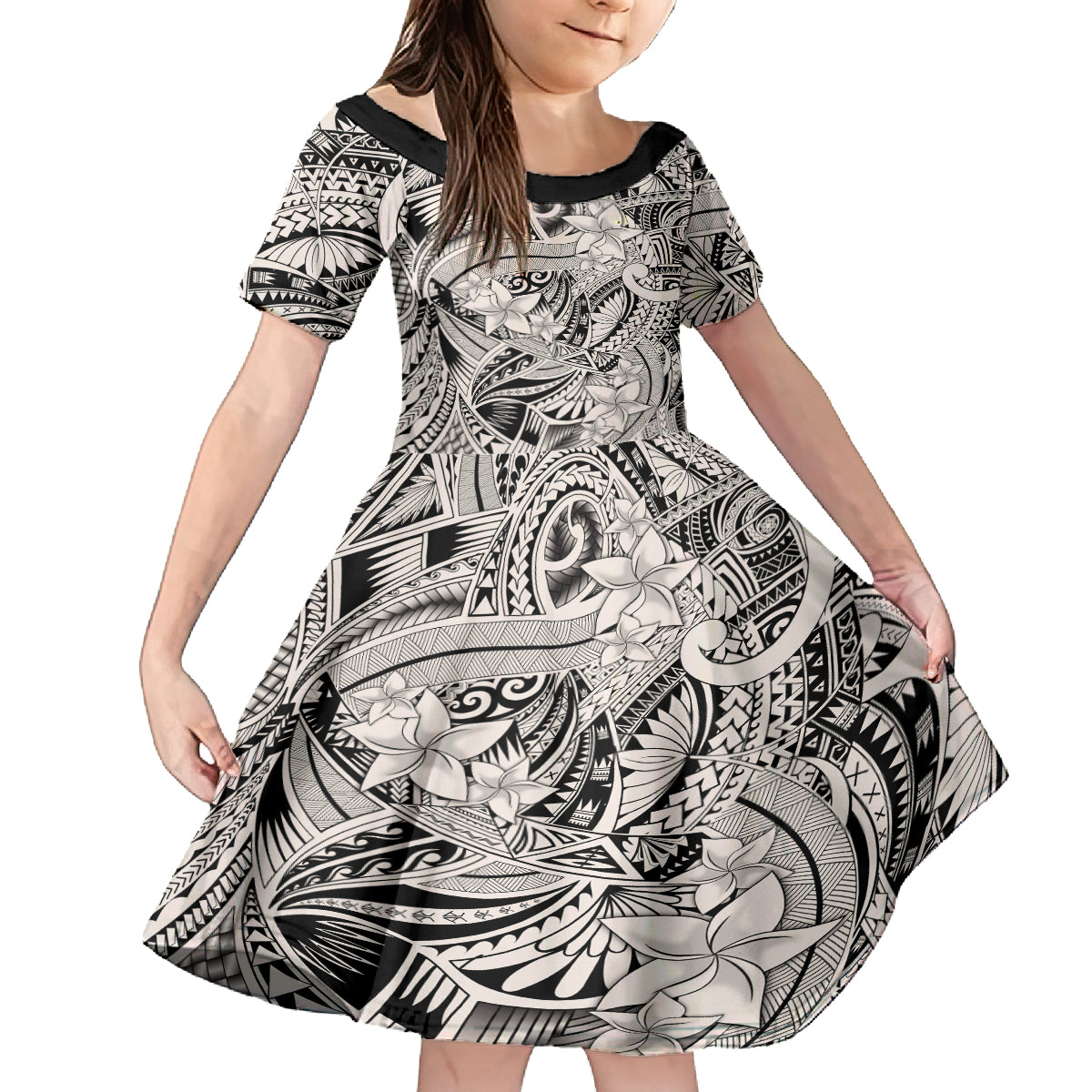 Polynesia Family Matching Off Shoulder Long Sleeve Dress and Hawaiian Shirt Tribal Polynesian Spirit With Beige Pacific Flowers - Wonder Print Shop