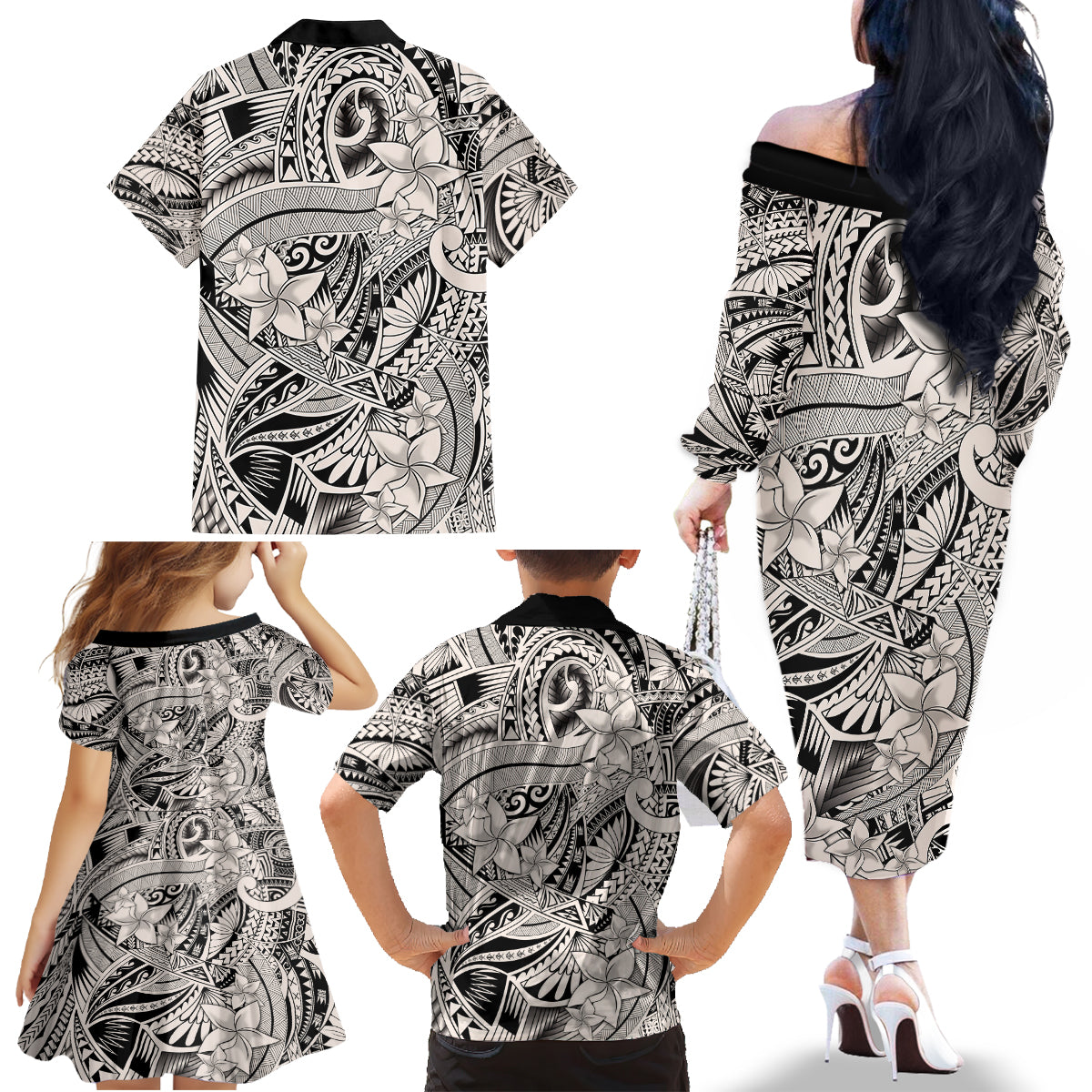 Polynesia Family Matching Off Shoulder Long Sleeve Dress and Hawaiian Shirt Tribal Polynesian Spirit With Beige Pacific Flowers - Wonder Print Shop