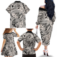 Polynesia Family Matching Off Shoulder Long Sleeve Dress and Hawaiian Shirt Tribal Polynesian Spirit With Beige Pacific Flowers - Wonder Print Shop