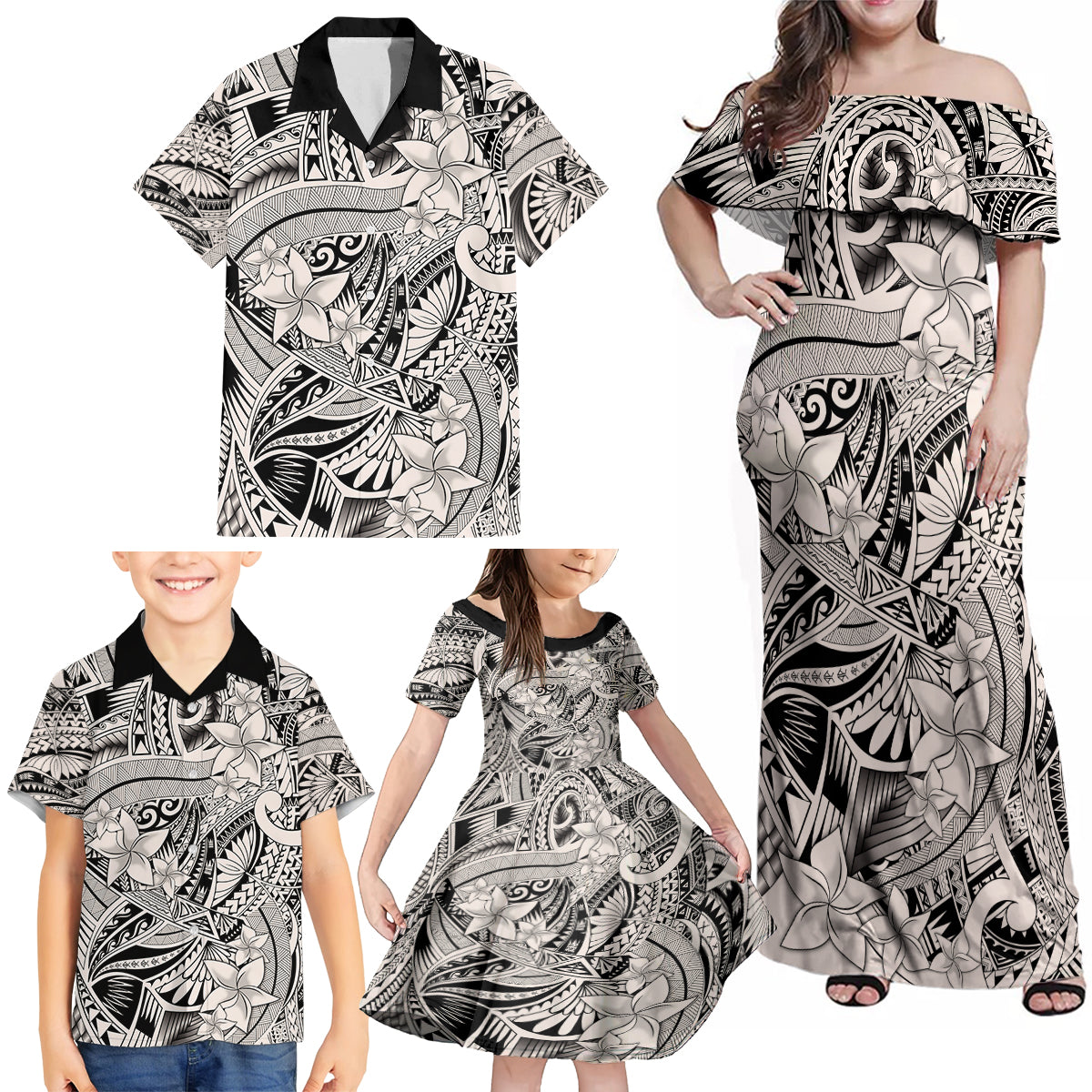 Polynesia Family Matching Off Shoulder Maxi Dress and Hawaiian Shirt Tribal Polynesian Spirit With Beige Pacific Flowers LT9 - Wonder Print Shop
