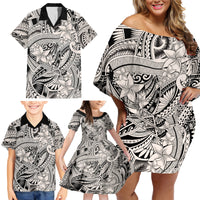 Polynesia Family Matching Off Shoulder Short Dress and Hawaiian Shirt Tribal Polynesian Spirit With Beige Pacific Flowers LT9 - Wonder Print Shop