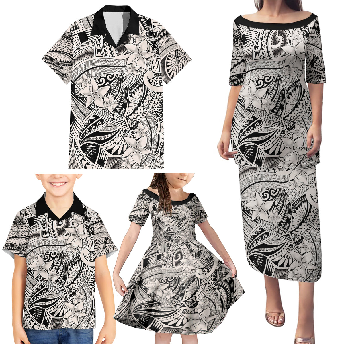 Polynesia Family Matching Puletasi Dress and Hawaiian Shirt Tribal Polynesian Spirit With Beige Pacific Flowers - Wonder Print Shop