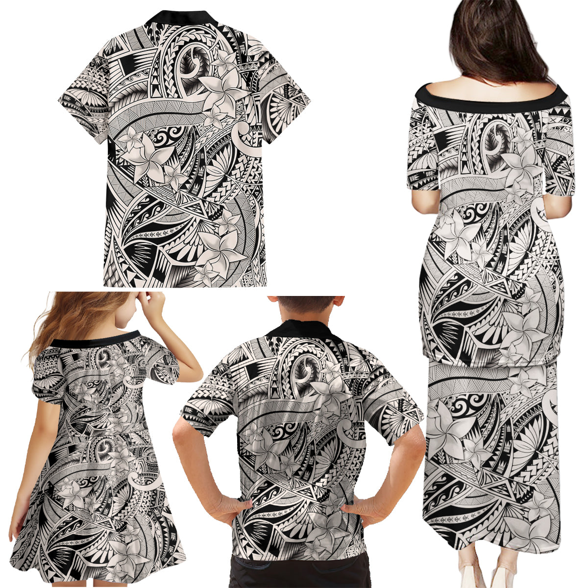 Polynesia Family Matching Puletasi Dress and Hawaiian Shirt Tribal Polynesian Spirit With Beige Pacific Flowers - Wonder Print Shop