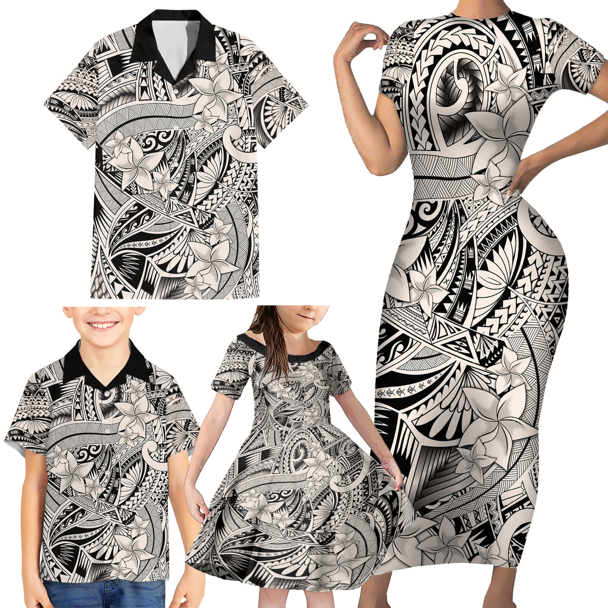 Polynesia Family Matching Short Sleeve Bodycon Dress and Hawaiian Shirt Tribal Polynesian Spirit With Beige Pacific Flowers - Wonder Print Shop
