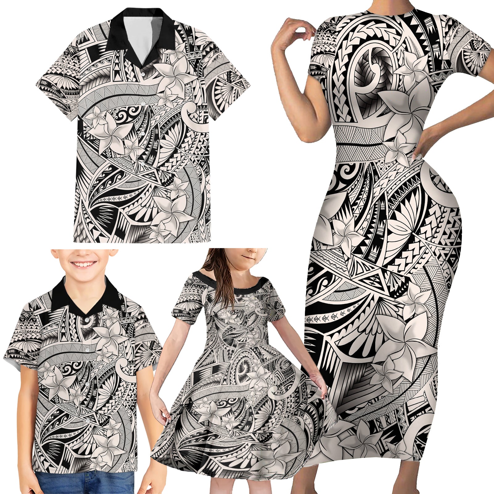 Polynesia Family Matching Short Sleeve Bodycon Dress and Hawaiian Shirt Tribal Polynesian Spirit With Beige Pacific Flowers - Wonder Print Shop