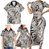 Polynesia Family Matching Short Sleeve Bodycon Dress and Hawaiian Shirt Tribal Polynesian Spirit With Beige Pacific Flowers - Wonder Print Shop