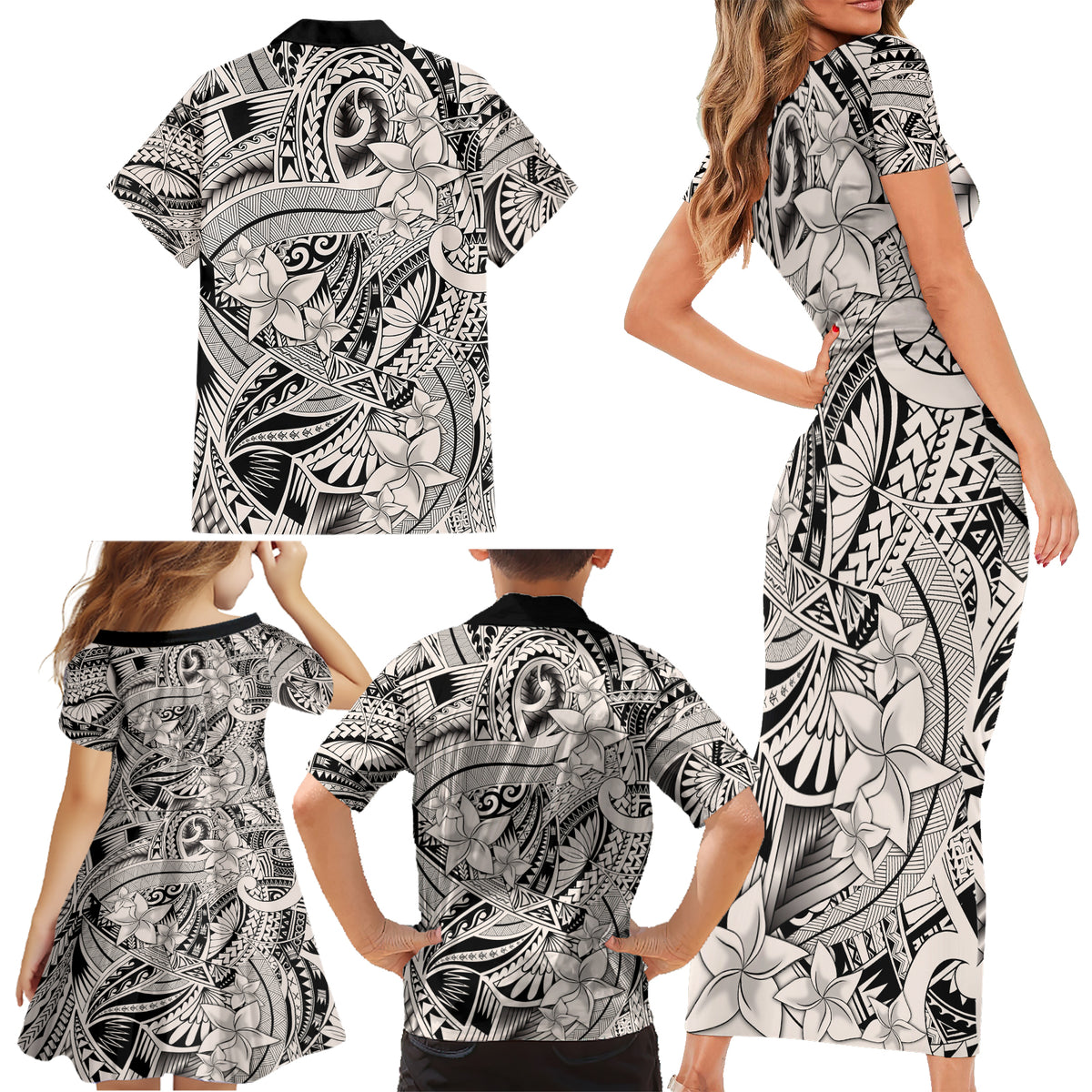 Polynesia Family Matching Short Sleeve Bodycon Dress and Hawaiian Shirt Tribal Polynesian Spirit With Beige Pacific Flowers - Wonder Print Shop