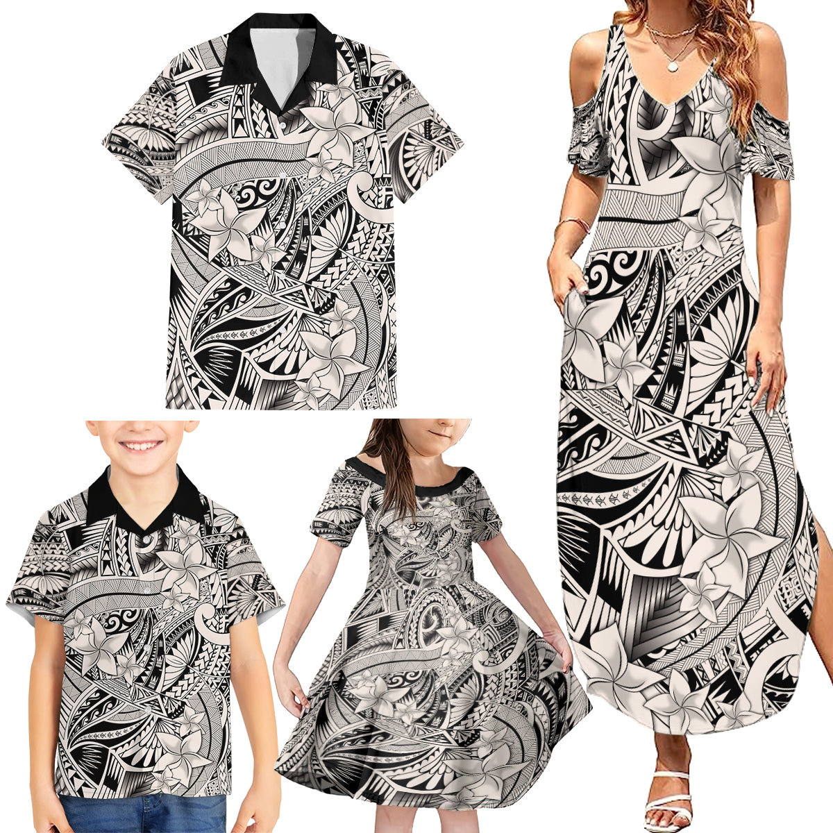 Polynesia Family Matching Summer Maxi Dress and Hawaiian Shirt Tribal Polynesian Spirit With Beige Pacific Flowers - Wonder Print Shop
