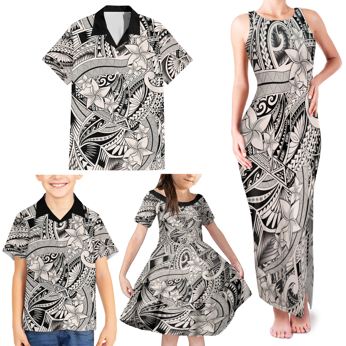 Polynesia Family Matching Tank Maxi Dress and Hawaiian Shirt Tribal Polynesian Spirit With Beige Pacific Flowers - Wonder Print Shop