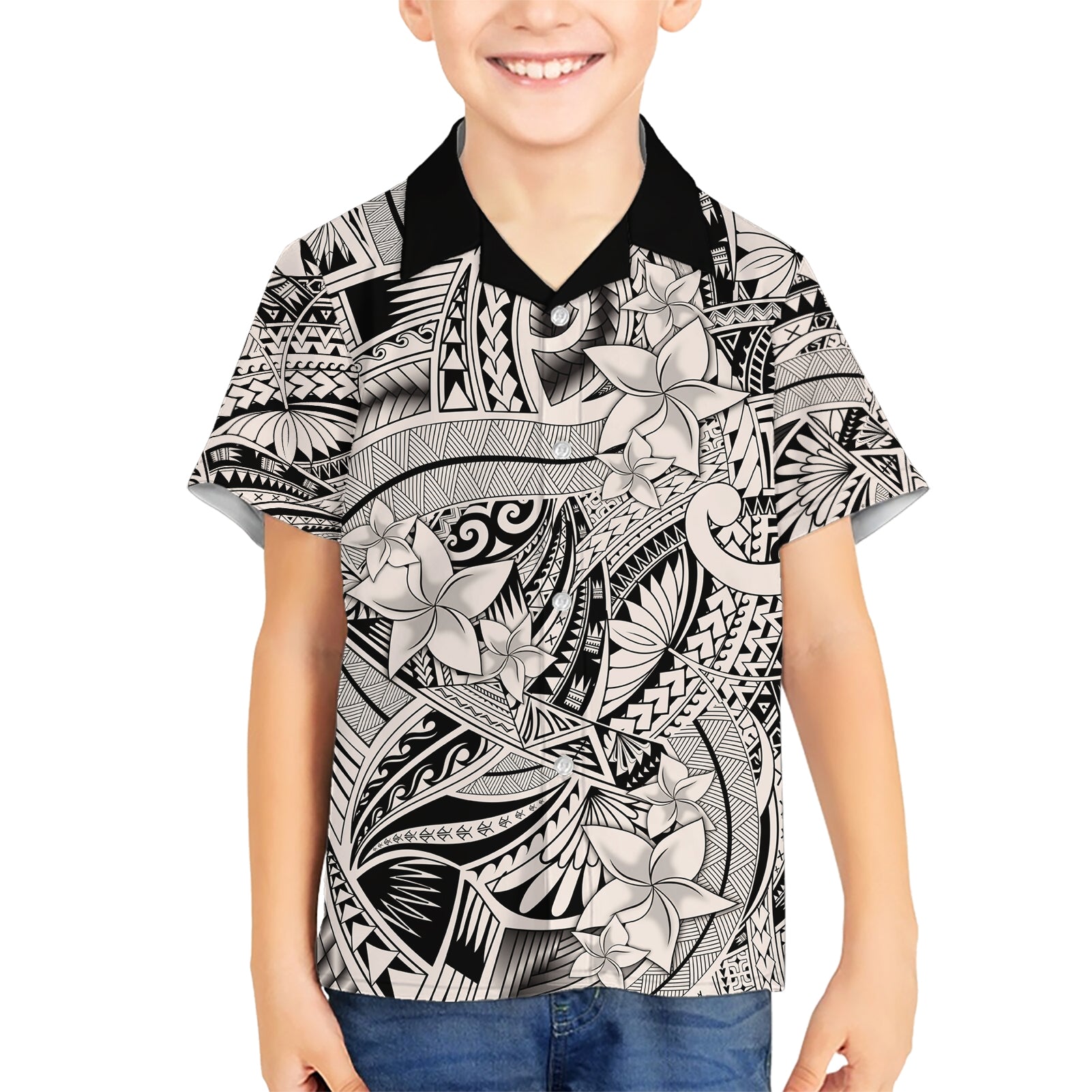Polynesia Kid Hawaiian Shirt Tribal Polynesian Spirit With Beige Pacific Flowers - Wonder Print Shop