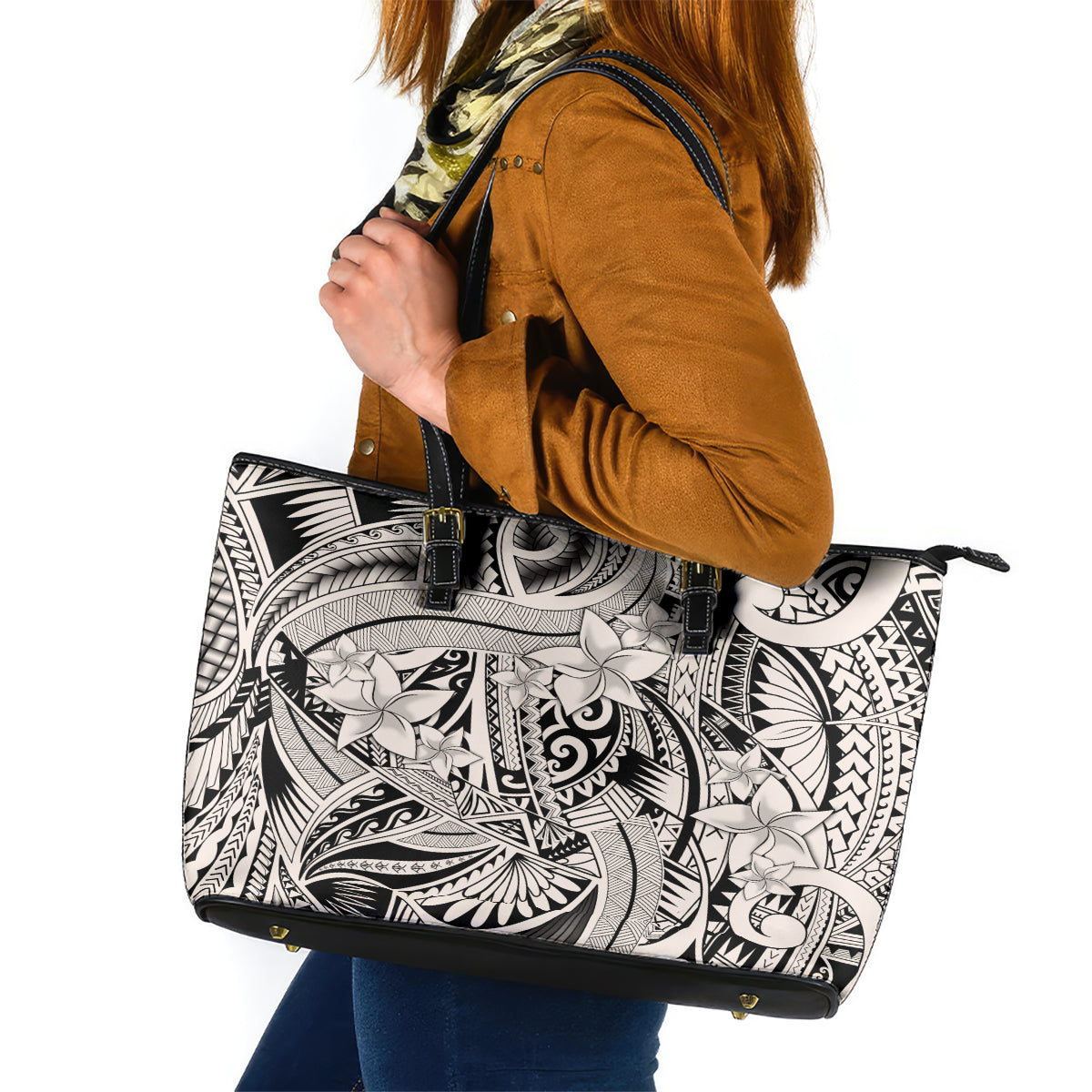 Polynesia Leather Tote Bag Tribal Polynesian Spirit With Beige Pacific Flowers - Wonder Print Shop