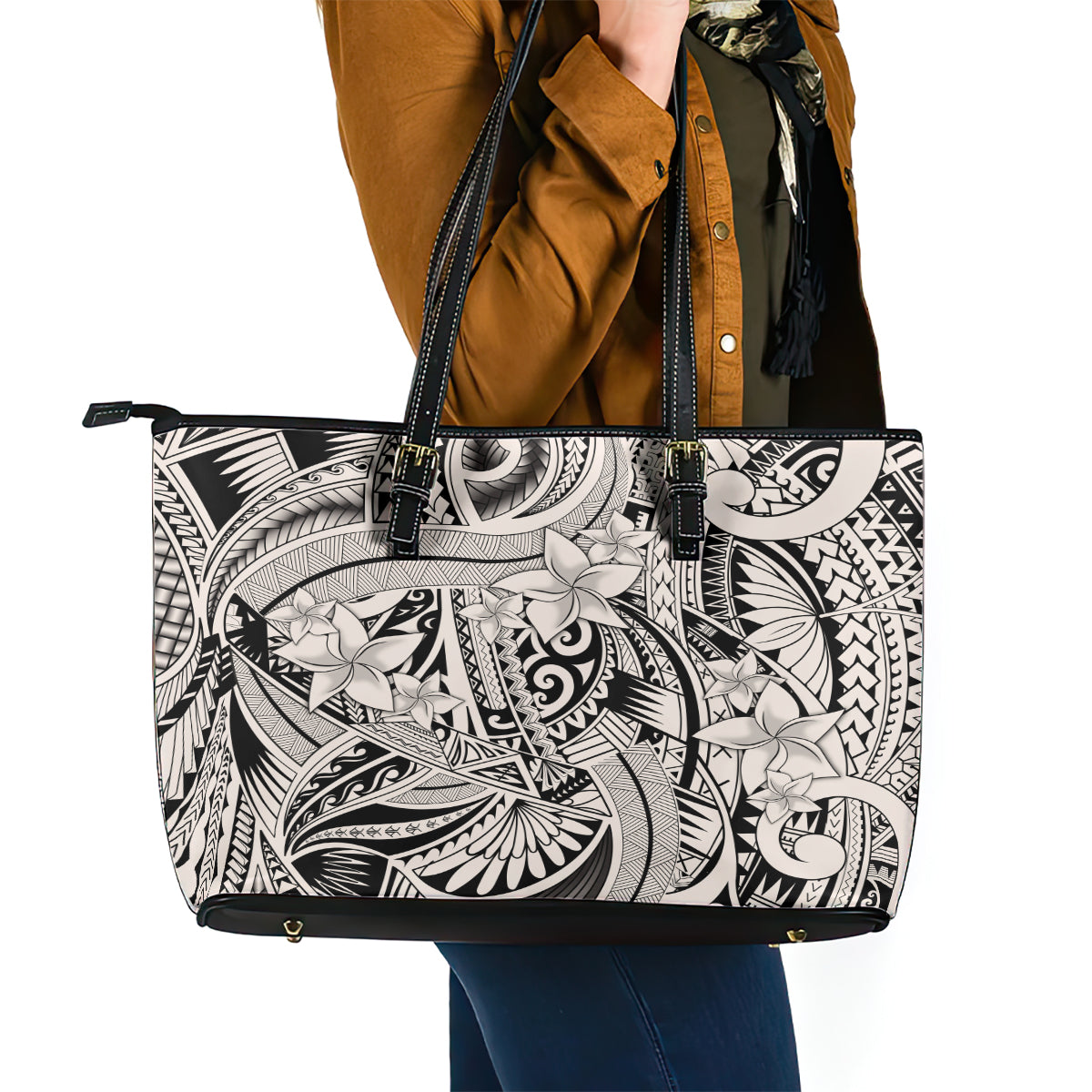 Polynesia Leather Tote Bag Tribal Polynesian Spirit With Beige Pacific Flowers - Wonder Print Shop