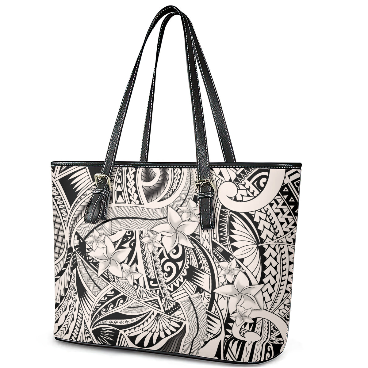 Polynesia Leather Tote Bag Tribal Polynesian Spirit With Beige Pacific Flowers - Wonder Print Shop