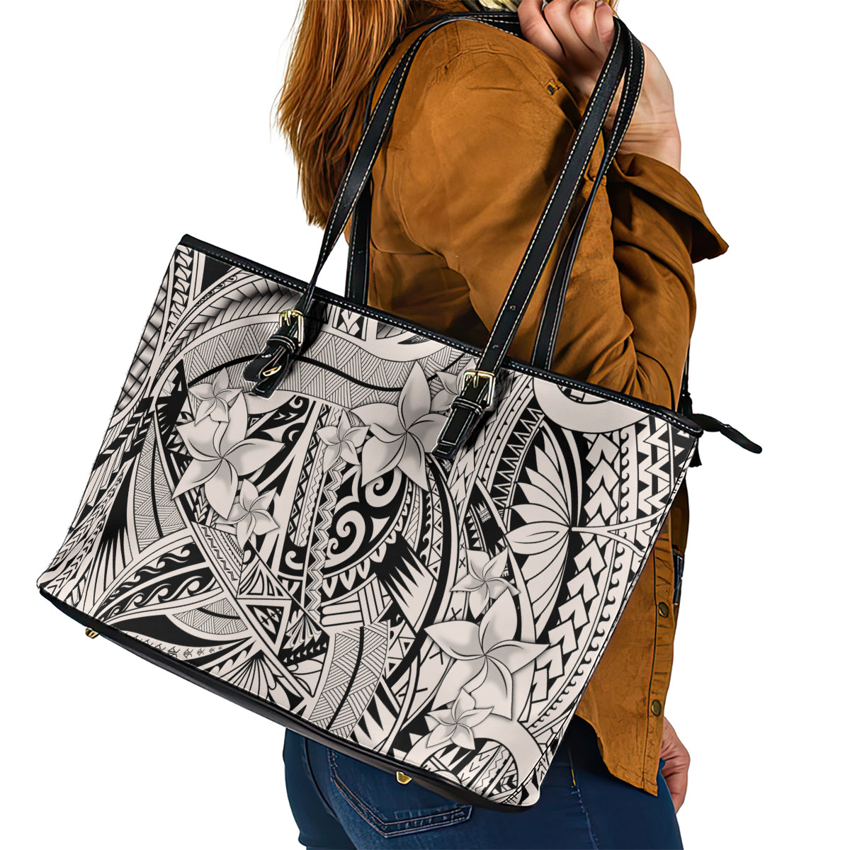 Polynesia Leather Tote Bag Tribal Polynesian Spirit With Beige Pacific Flowers - Wonder Print Shop
