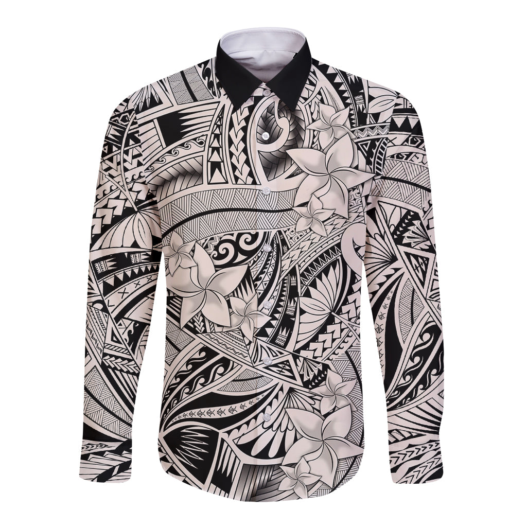 Polynesia Long Sleeve Button Shirt Tribal Polynesian Spirit With Beige Pacific Flowers - Wonder Print Shop