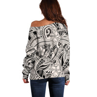 Polynesia Off Shoulder Sweater Tribal Polynesian Spirit With Beige Pacific Flowers - Wonder Print Shop