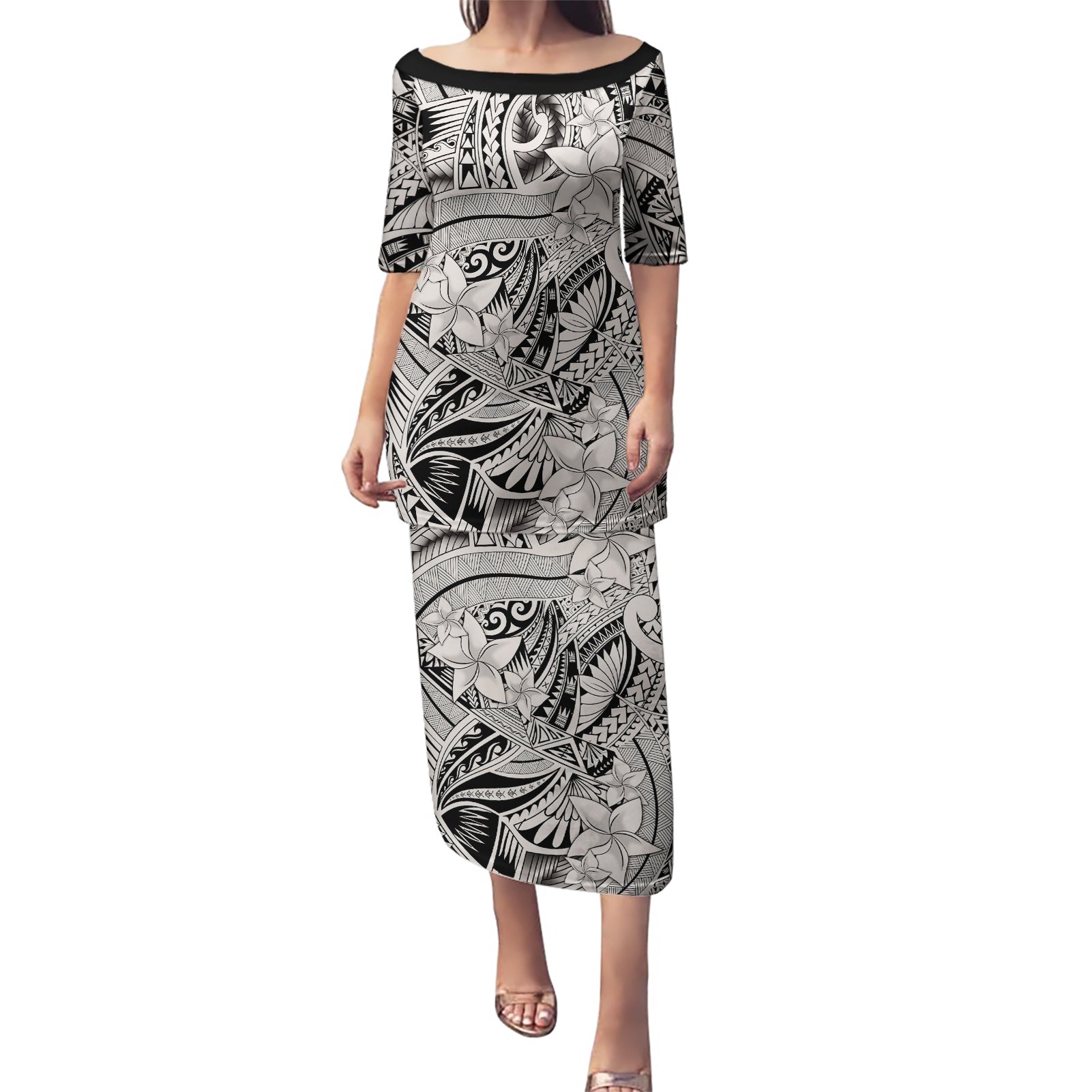 Polynesia Puletasi Tribal Polynesian Spirit With Beige Pacific Flowers - Wonder Print Shop