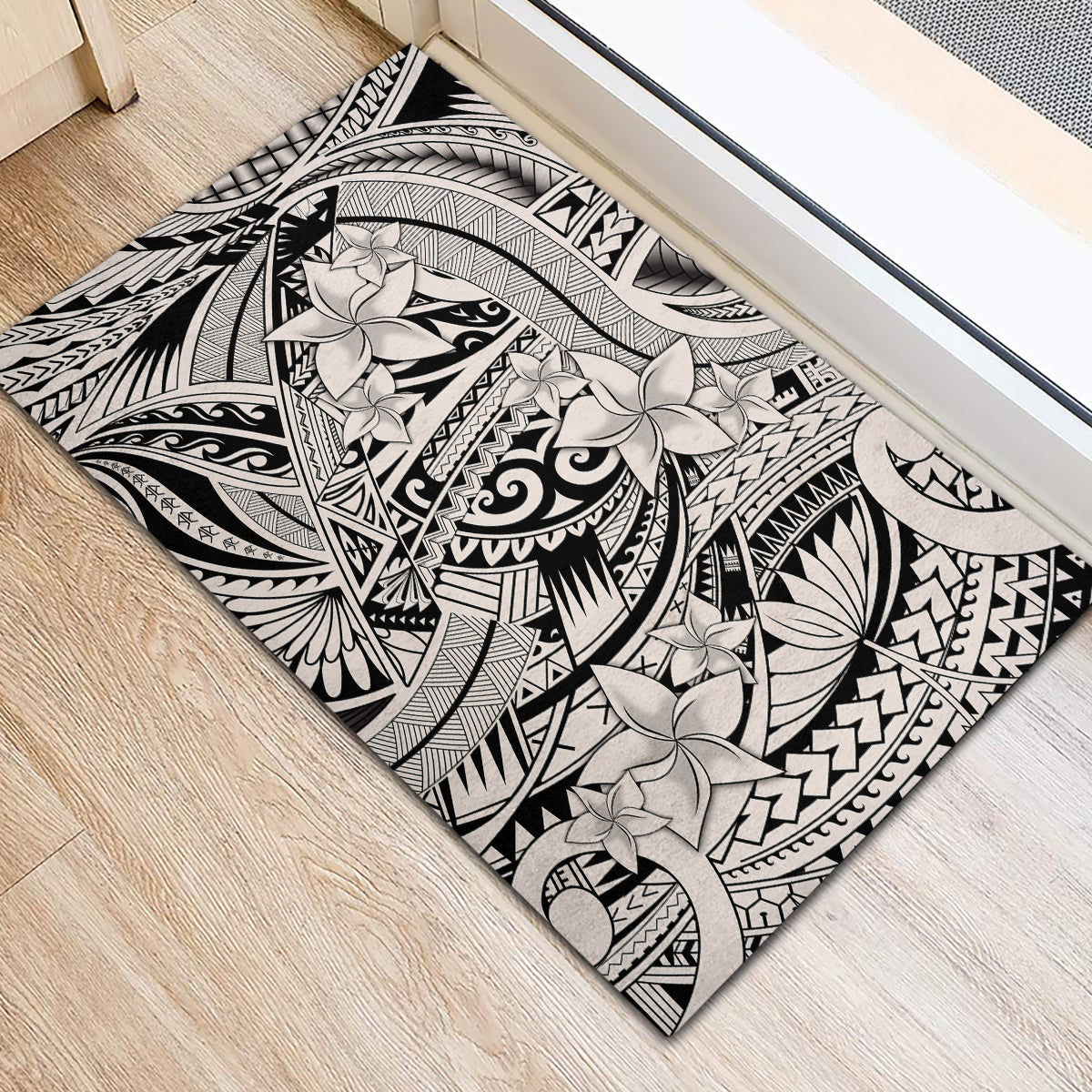 Polynesia Rubber Doormat Tribal Polynesian Spirit With Beige Pacific Flowers - Wonder Print Shop