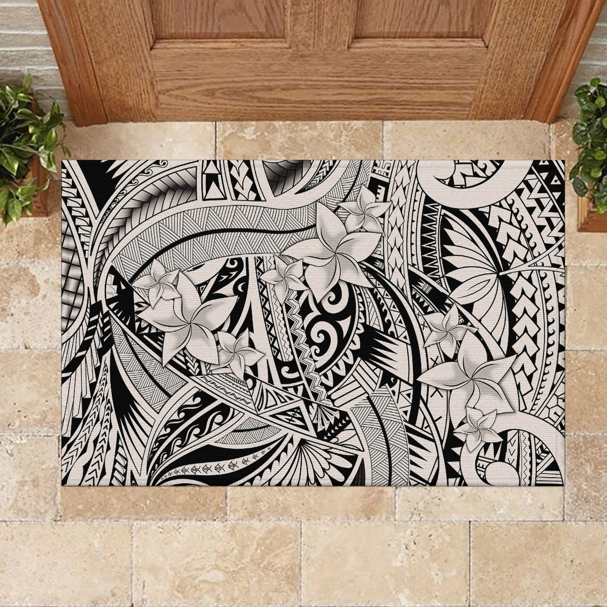 Polynesia Rubber Doormat Tribal Polynesian Spirit With Beige Pacific Flowers - Wonder Print Shop