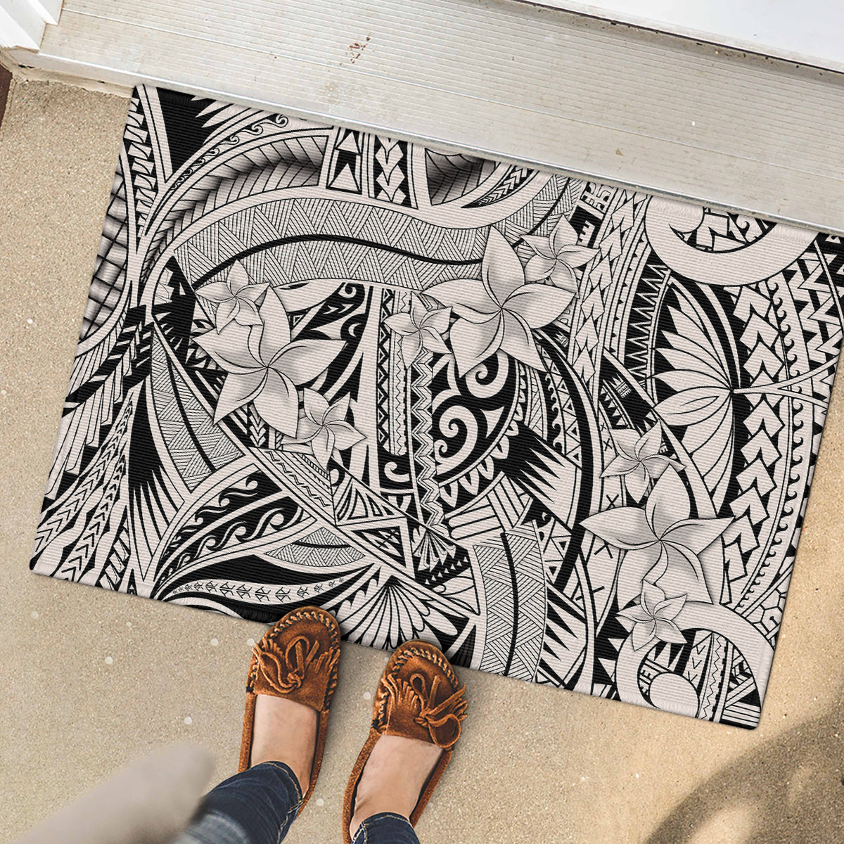 Polynesia Rubber Doormat Tribal Polynesian Spirit With Beige Pacific Flowers - Wonder Print Shop