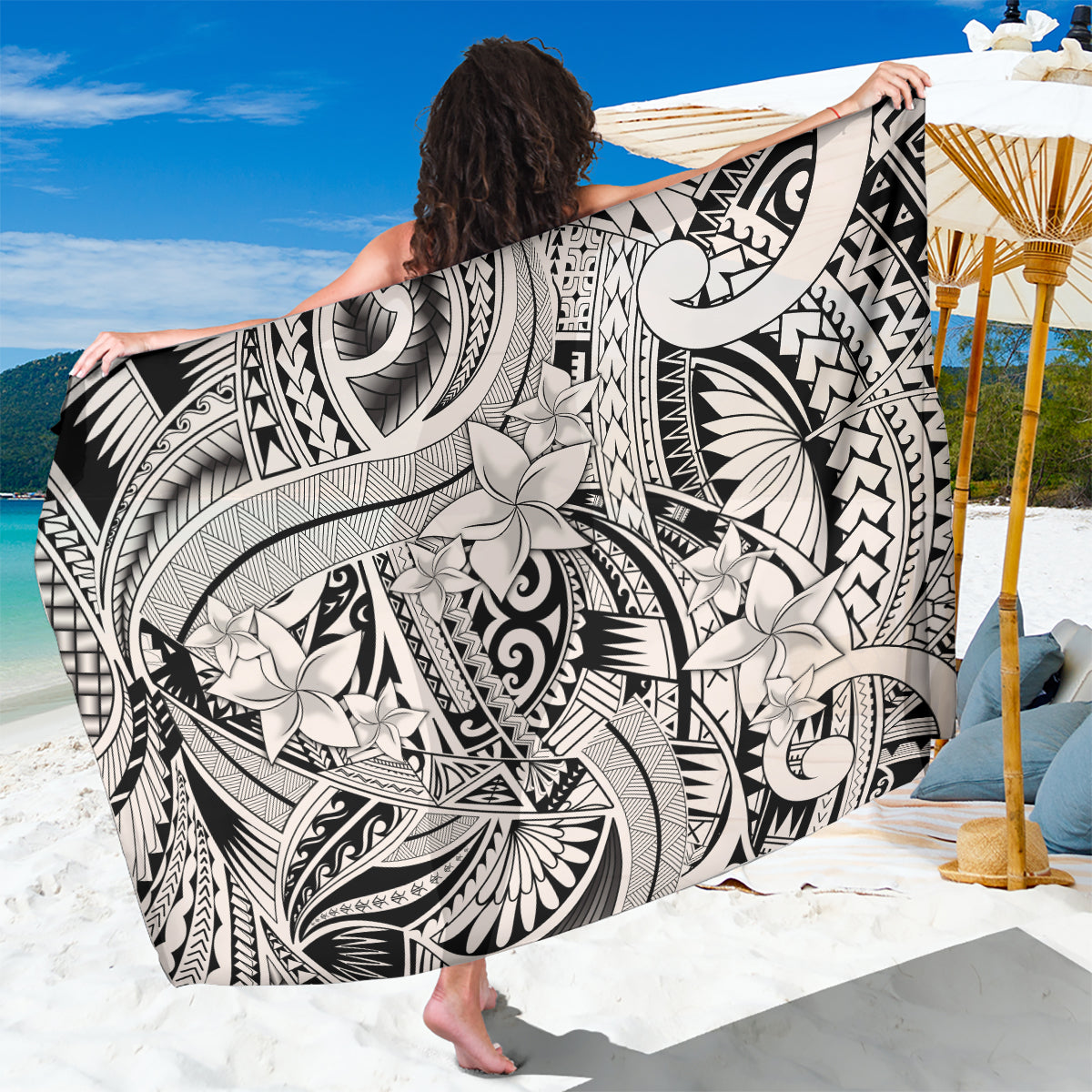 Polynesia Sarong Tribal Polynesian Spirit With Beige Pacific Flowers - Wonder Print Shop