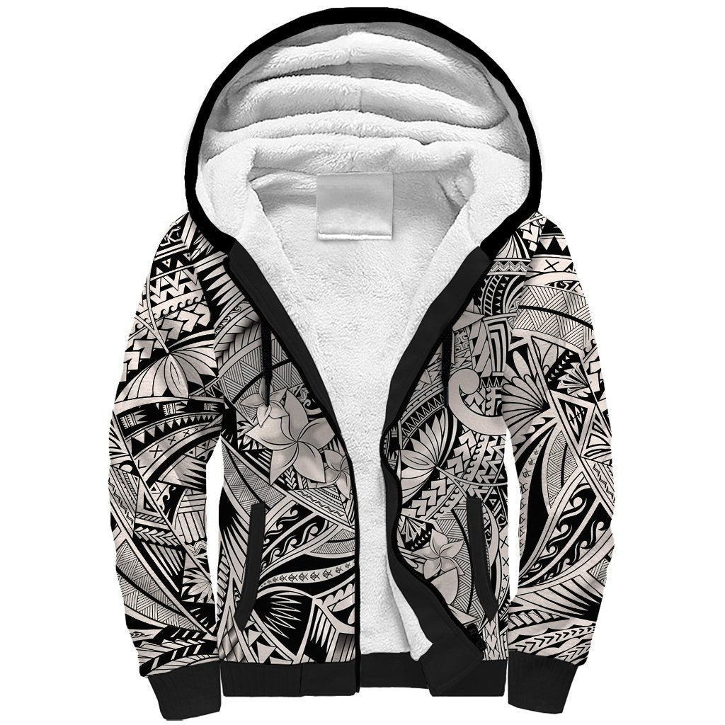 Polynesia Sherpa Hoodie Tribal Polynesian Spirit With Beige Pacific Flowers - Wonder Print Shop