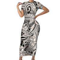 Polynesia Short Sleeve Bodycon Dress Tribal Polynesian Spirit With Beige Pacific Flowers - Wonder Print Shop