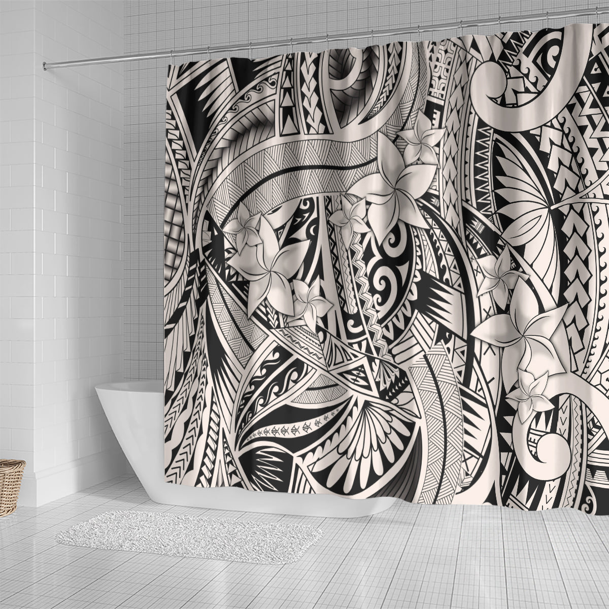 polynesia-shower-curtain-tribal-polynesian-spirit-with-beige-pacific-flowers