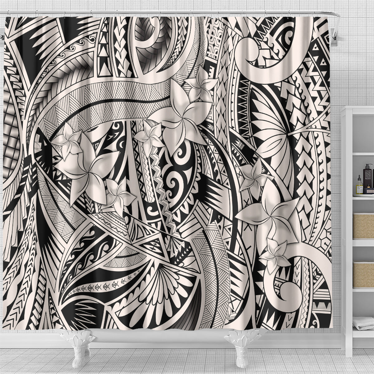 polynesia-shower-curtain-tribal-polynesian-spirit-with-beige-pacific-flowers