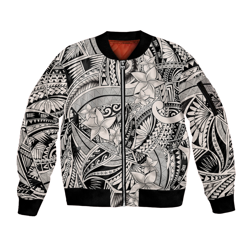 Polynesia Sleeve Zip Bomber Jacket Tribal Polynesian Spirit With Beige Pacific Flowers - Wonder Print Shop