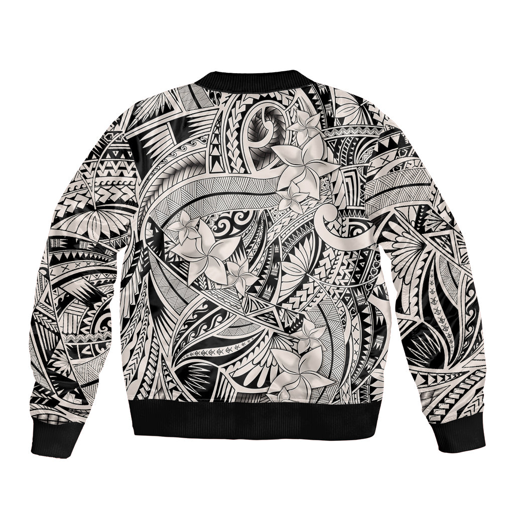 Polynesia Sleeve Zip Bomber Jacket Tribal Polynesian Spirit With Beige Pacific Flowers - Wonder Print Shop