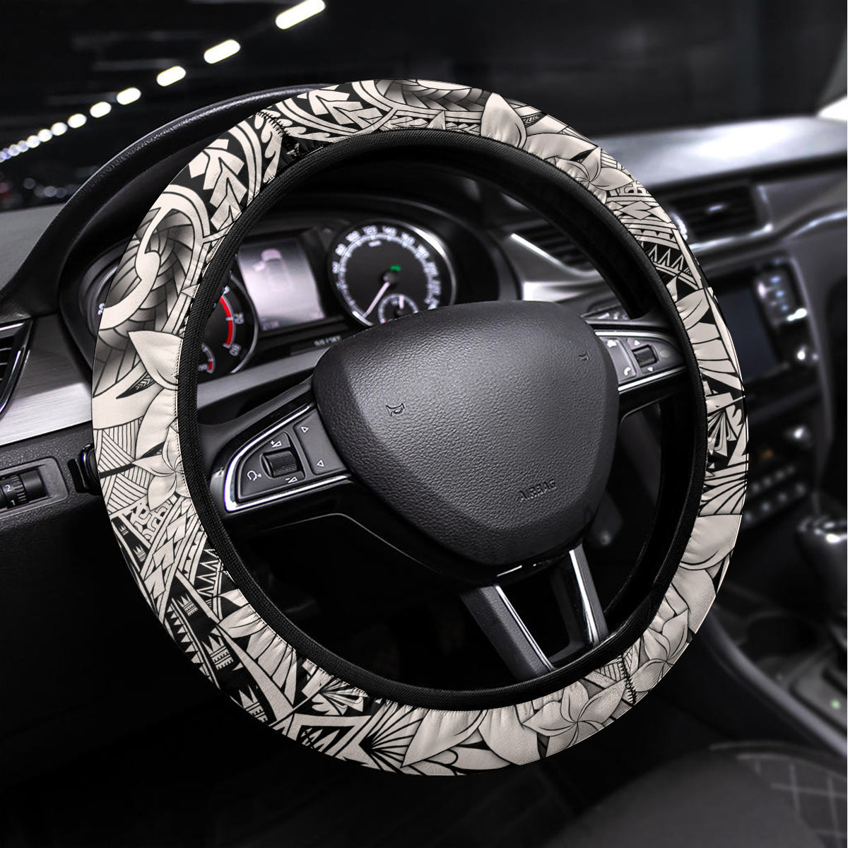Polynesia Steering Wheel Cover Tribal Polynesian Spirit With Beige Pacific Flowers - Wonder Print Shop