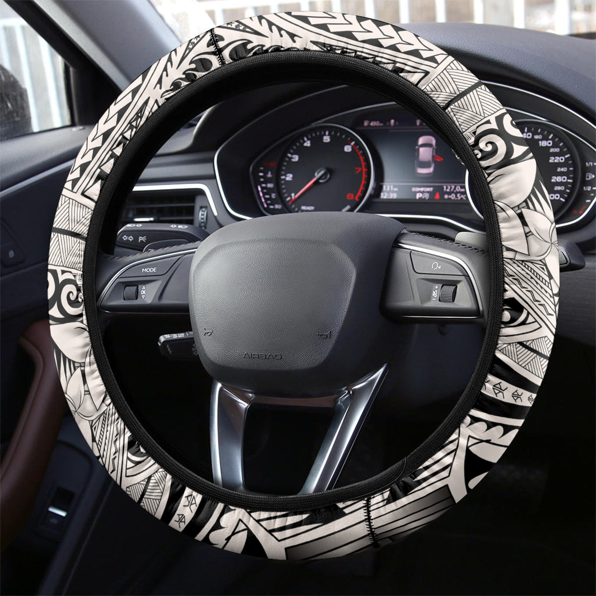 Polynesia Steering Wheel Cover Tribal Polynesian Spirit With Beige Pacific Flowers - Wonder Print Shop
