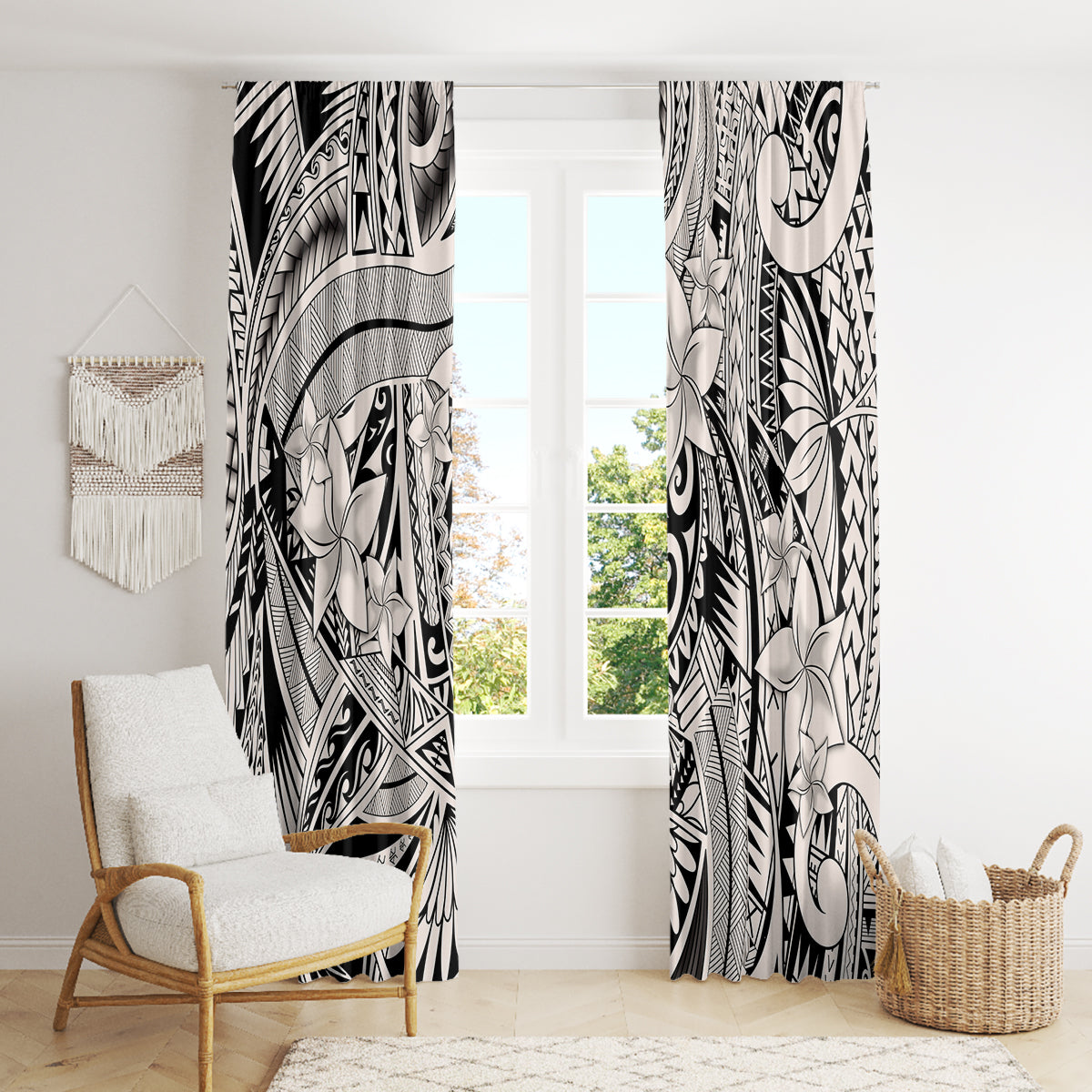 Polynesia Window Curtain Tribal Polynesian Spirit With Beige Pacific Flowers - Wonder Print Shop