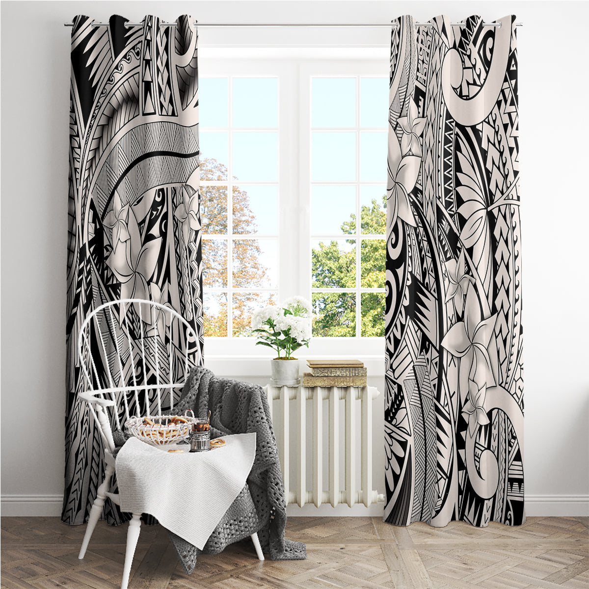 Polynesia Window Curtain Tribal Polynesian Spirit With Beige Pacific Flowers - Wonder Print Shop