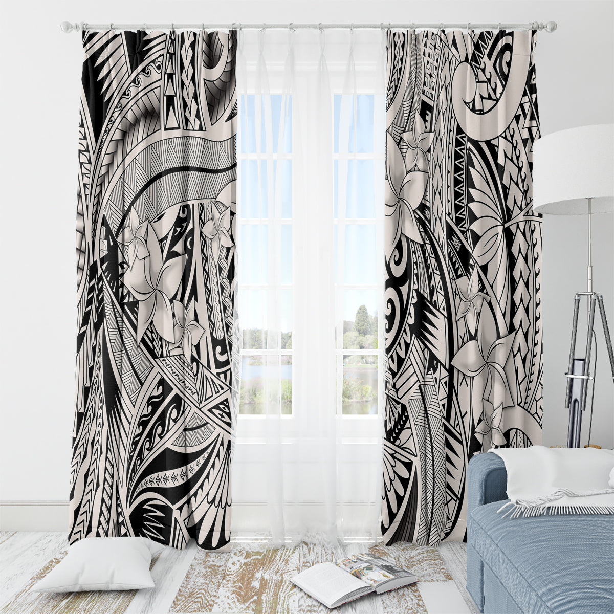 Polynesia Window Curtain Tribal Polynesian Spirit With Beige Pacific Flowers - Wonder Print Shop