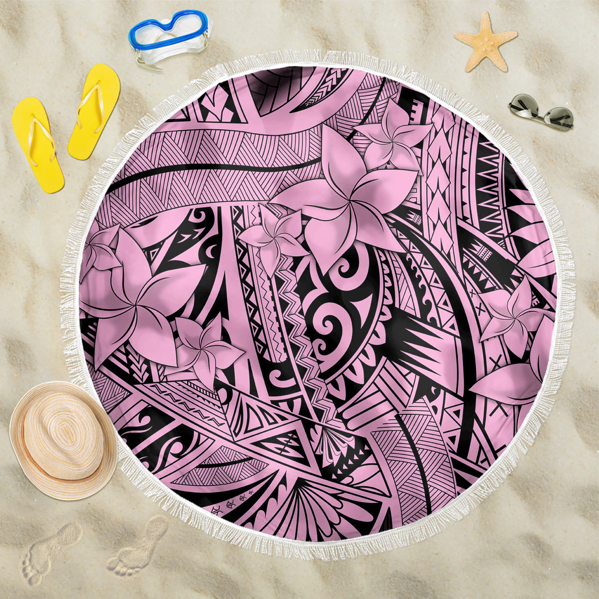 Polynesia Beach Blanket Tribal Polynesian Spirit With Pink Pacific Flowers LT9 - Wonder Print Shop