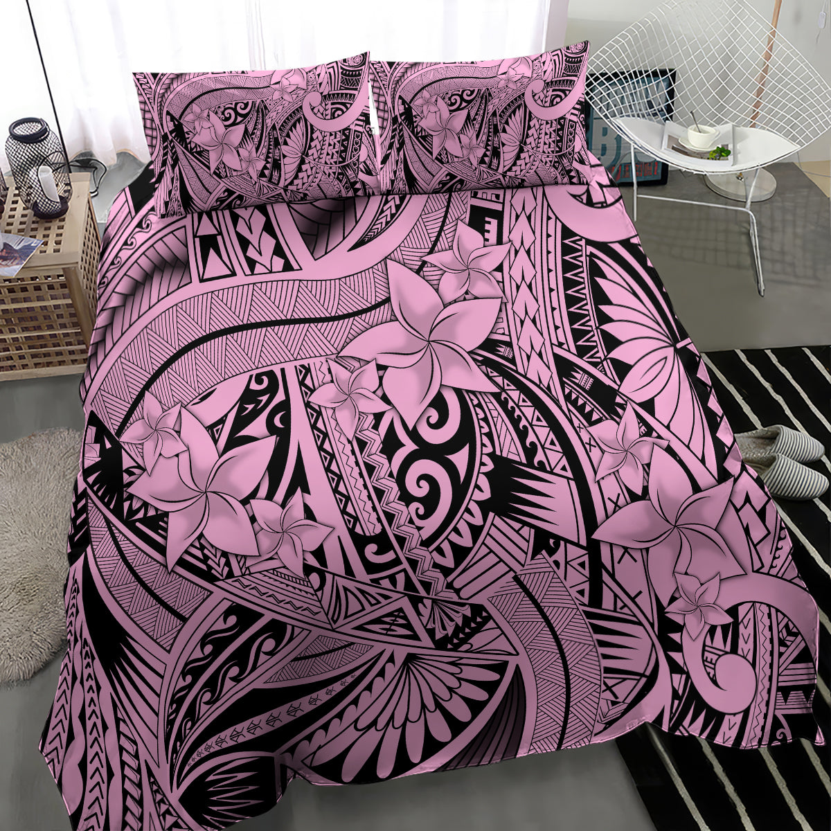 Polynesia Bedding Set Tribal Polynesian Spirit With Pink Pacific Flowers LT9 - Wonder Print Shop